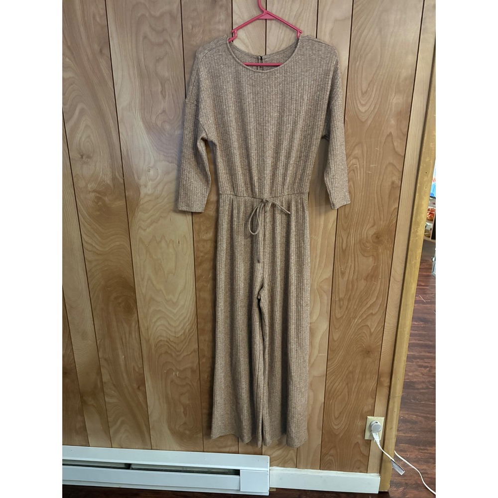 SHEIN Frenchy Tan‎ Ribbed Knit Wide Leg Jumpsuit Drawstring Waist Small NEW